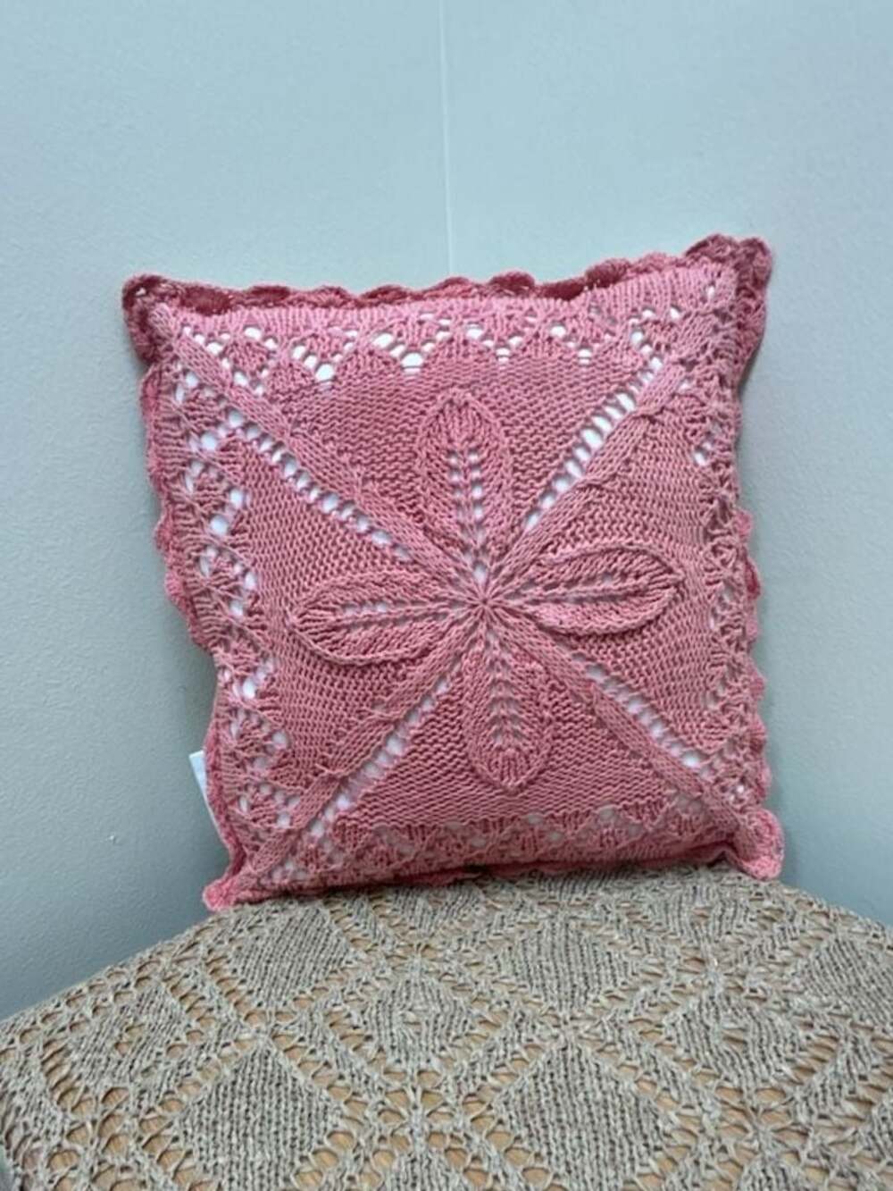 Anthology Pink Cotton Knit Crochet Lace Decorative Throw Pillow